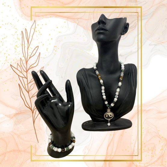 PARURE DUO, COLLIER ANTI-ONDES HOWLITE+JASPE KAMBABA, ŒIL DE TIGRE AVEC BRACELET ASSORTI