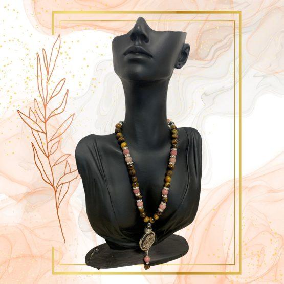 COLLIER ANTI-ONDES « RHODONITE +OEIL DE TIGRE »