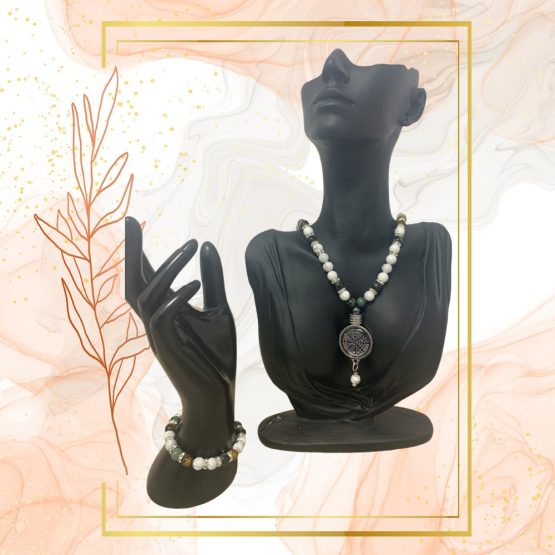 PARURE DUO, COLLIER ANTI-ONDES HOWLITE+JASPE KAMBABA, ŒIL DE TIGRE AVEC BRACELET ASSORTI – Image 10