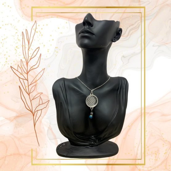 Collier Anti Ondes avec pendentif métal et Œil de Tigre bleu et Hématite