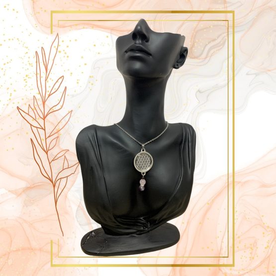 Collier Anti Ondes avec pendentif métal et pierre Améthyste et Quartz rose