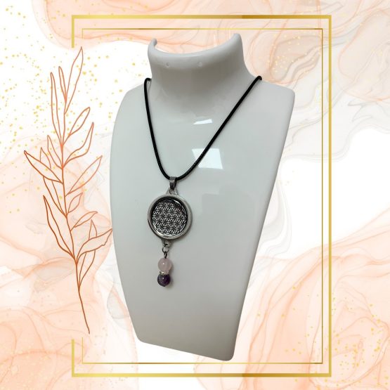 Collier Anti Ondes avec pendentif métal et pierre Améthyste et Quartz rose – Image 2