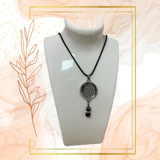 Collier Anti Ondes avec pendentif femme métal et pierre Œil de Tigre et Hématite – Image 2